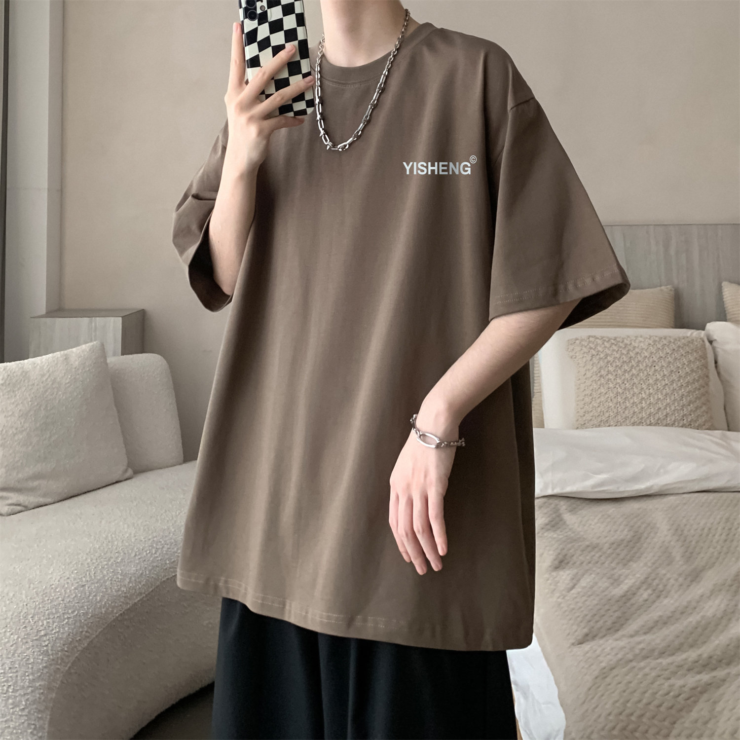 基础款酒红色t恤男款夏季美式复古小领口短袖情侣oversize打底衫,男装T恤,电商A336