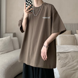 基础款酒红色t恤男款夏季美式复古小领口短袖情侣oversize打底衫，男装T恤，电商A336