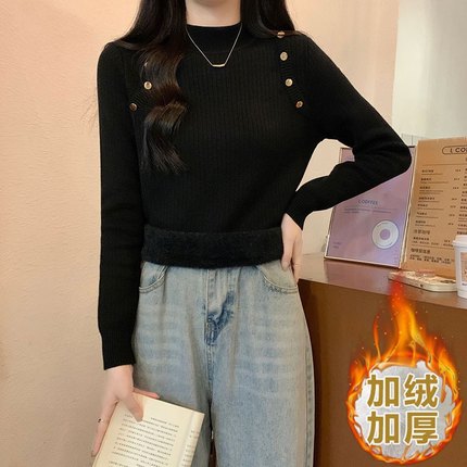 2024秋冬新款设计感半高领加绒加厚针织打底衫女修身毛衣6037