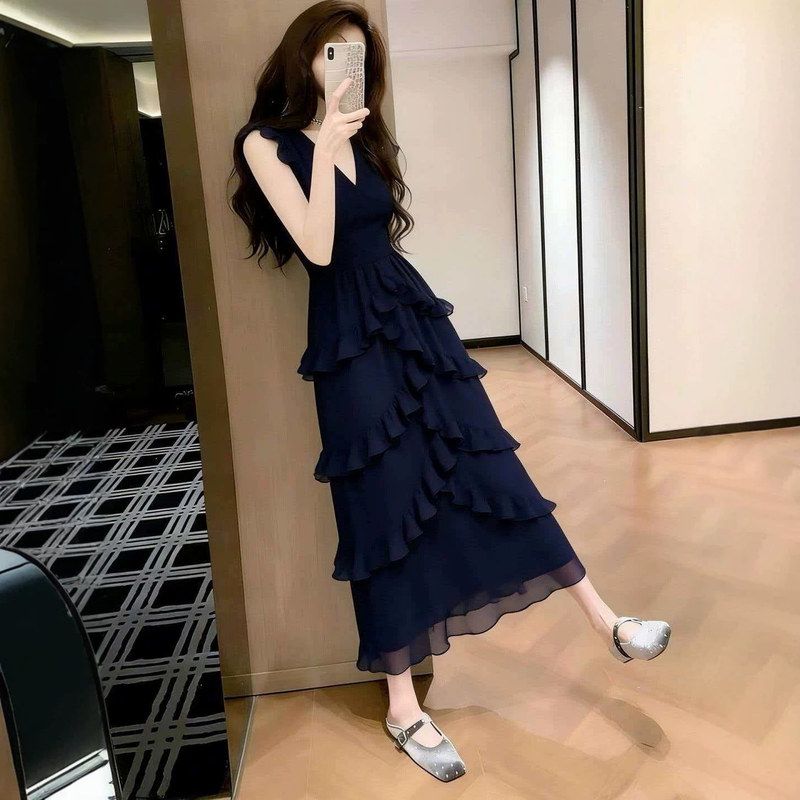 连衣裙深蓝色气质领优雅女新款