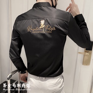 秋裝 男長袖 高級感潮流ins寸衫 痞帥上衣一套刺繡花襯衣服 冰絲襯衫