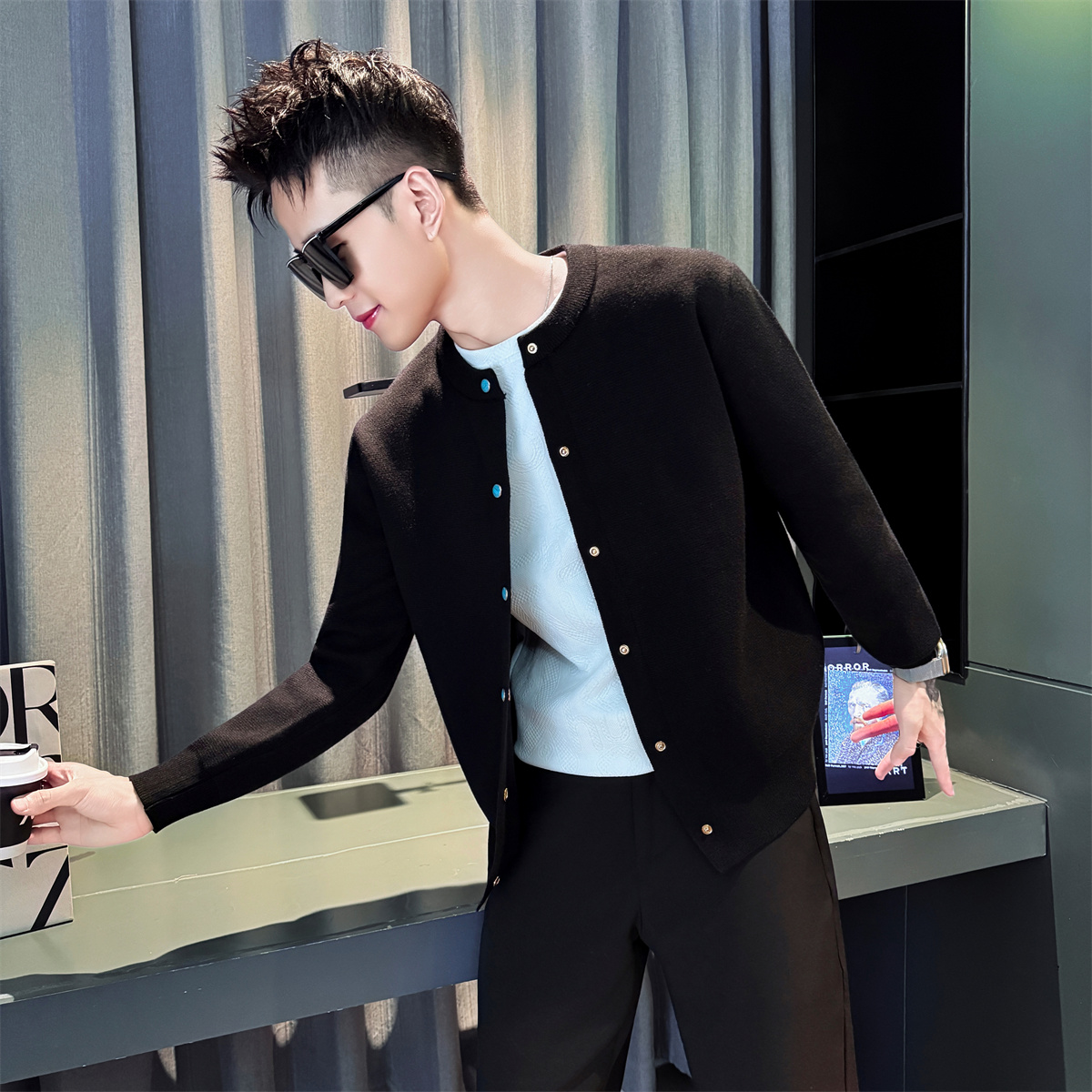 秋冬痞帅毛衣男士棒球领针织开衫