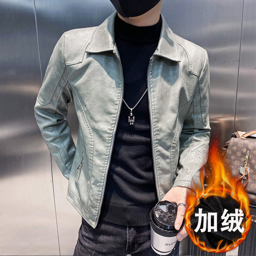 加绒潮牌保暖男装皮衣外套翻领男