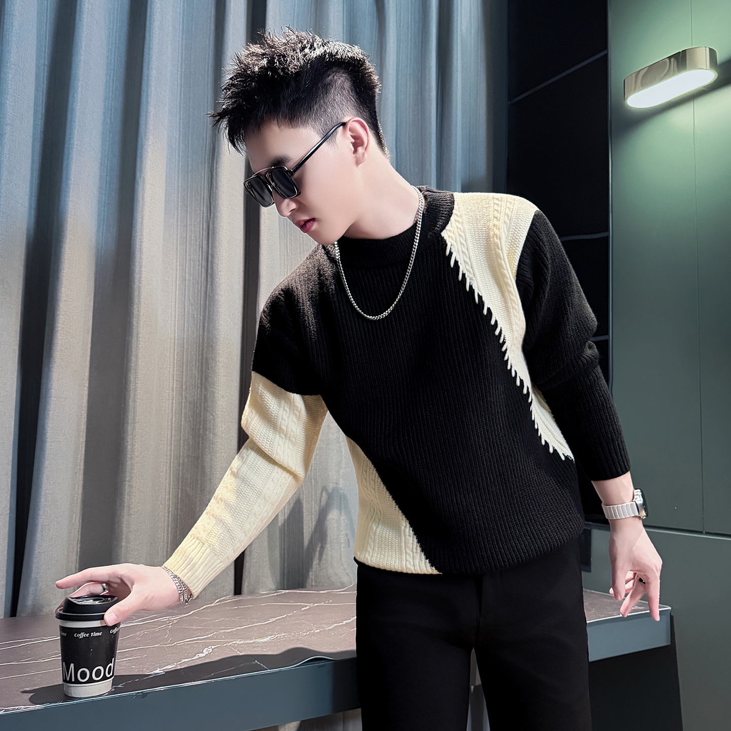 秋冬撞色毛衣男超好看内搭针织衫