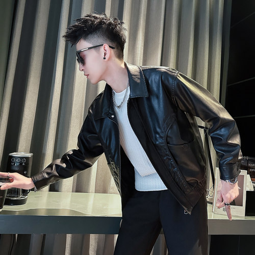 痞帅潮牌百搭男装皮衣外套翻领