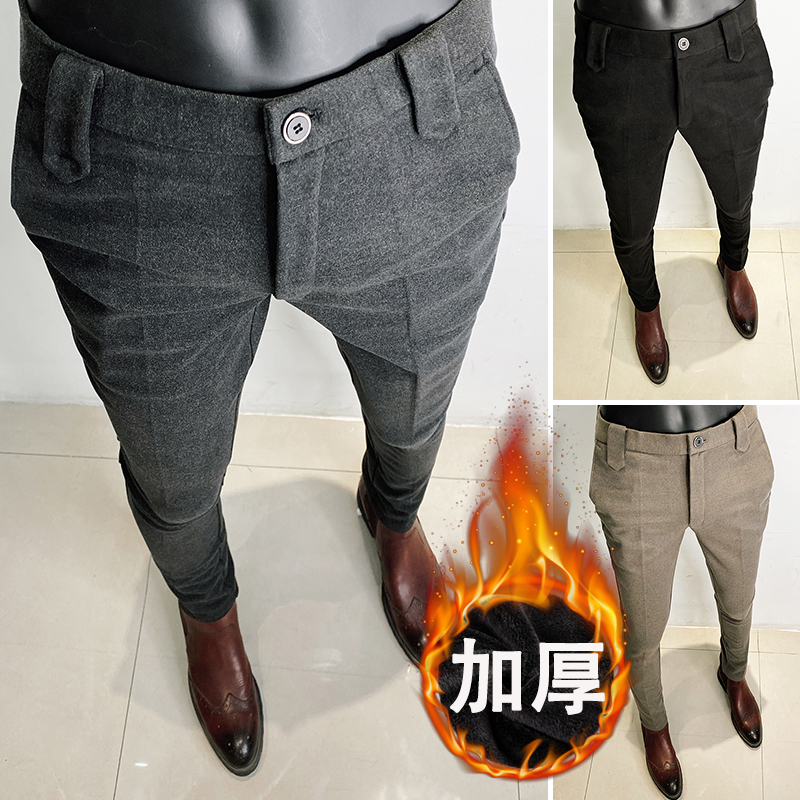 秋冬季高级感加厚西裤男装2025年新款潮牌修身小脚裤毛呢休闲裤子
