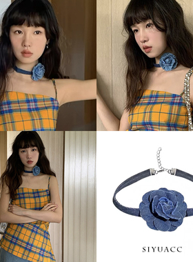 气质蓝色牛仔山茶花颈链choker女
