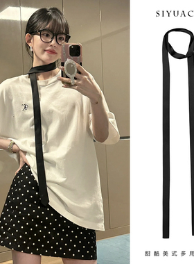 ins韩版黑色长丝巾秋冬法式简约领巾气质百搭飘带发带围巾发饰女