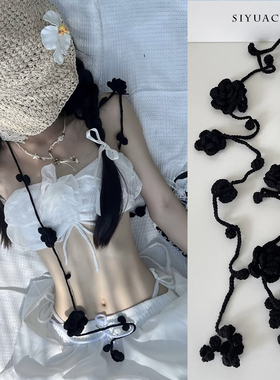 ins黑色花朵毛线颈链出游配饰女