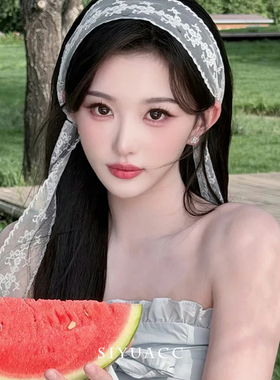 孔雪儿同款米黄蕾丝丝带头带发饰