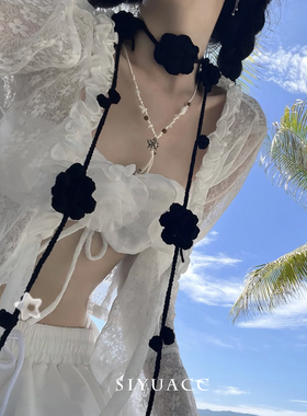 韩系黑色花朵毛线颈链百搭项链女