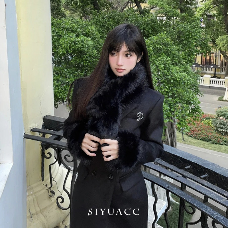 气质黑色磁吸毛领围脖女冬季保暖毛毛围巾韩版时尚毛绒披肩领饰