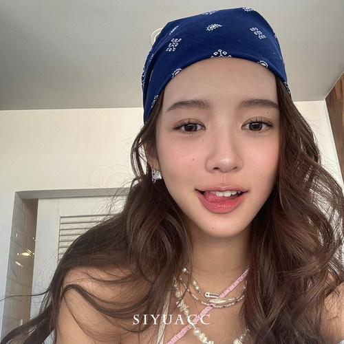 美式复古藏蓝腰果包头头巾方巾女