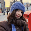 高圆圆同款 保暖百搭显脸小包头帽帽子女 蓝色护耳针织毛线帽女冬季