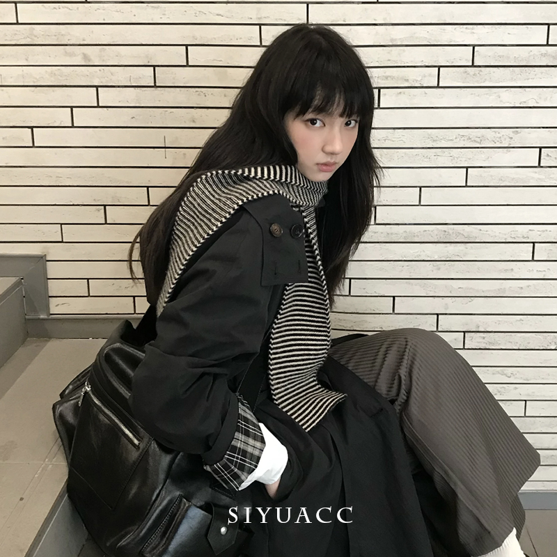 韩系黑白条纹围巾秋冬氛围感围脖
