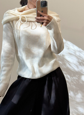 一字肩堆堆领抽条纯羊毛毛衣针织衫女2025秋季新款法式薄款