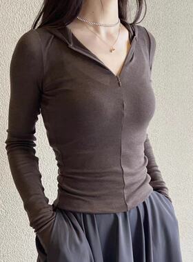 CS女装 修身版型半门襟羊毛连帽衫棕色2024夏季新品1241793002