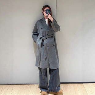 2025秋季 毛呢羊毛大衣 C0S宽松韩系羊毛混纺刷纹系带大衣女法式