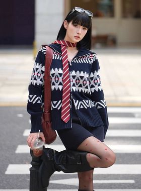 2025冬季新款几何提花针织衫绵羊毛混纺复古费尔岛翻领毛衣女