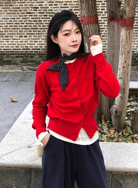 2025秋冬新款中国红开运锦鲤刺绣羊毛针织开衫羊毛打底衫女