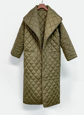 断码清仓折扣瑞典T@T绗缝格纹大领长款薄棉服ins风