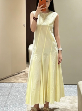 CS女装 休闲版型亚麻混纺压褶连衣裙黄色2026夏季新品1335739002