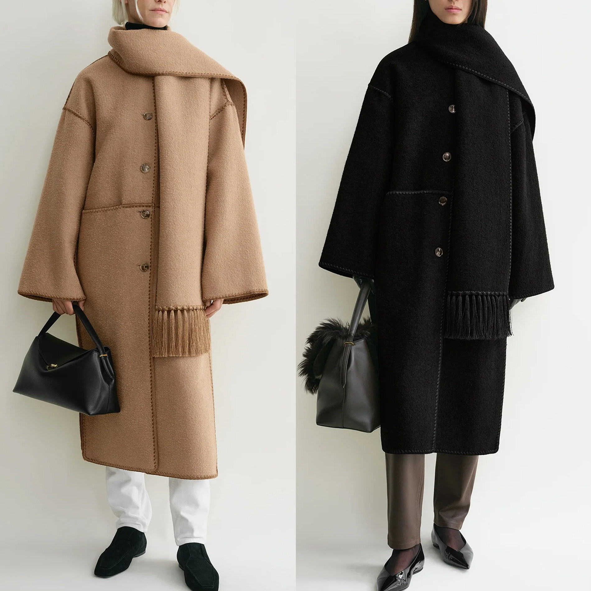 围巾一体秋冬宽松双面羊毛大衣