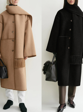 瑞典北欧极简风围巾一体2025秋冬TOT宽松双面羊毛大衣驼色