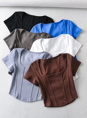 VEN&TELLA夏季~复古短款上衣圆形下摆木耳边U领设计感拼接短袖T恤