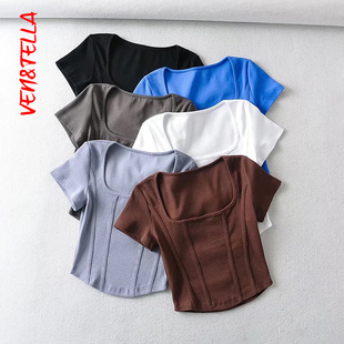 T恤 上衣圆形下摆木耳边U领设计感拼接短袖 VEN&TELLA夏季 复古短款