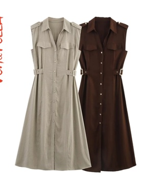 休闲气质亚麻舒适V领无袖迷笛连衣裙8741065~VEN&TELLA秋冬欧美风