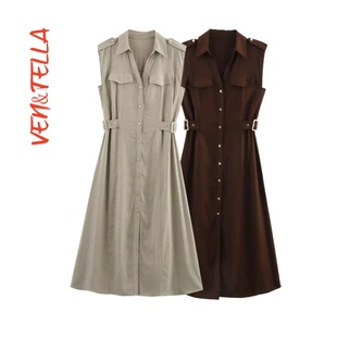 休闲气质亚麻舒适V领无袖 VEN&TELLA秋冬欧美风 迷笛连衣裙8741065