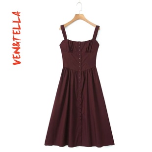 纯色修身 VEN&TELLA秋冬欧美风 前排扣绑带收腰连衣裙长裙