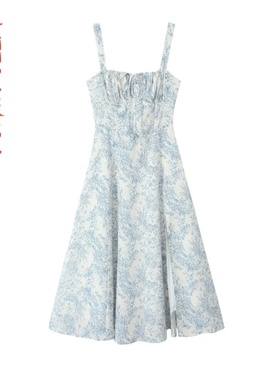 法式抽绳收腰开叉青花瓷印花连衣裙~VEN&TELLA秋冬欧美风