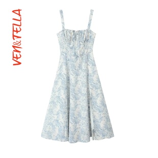 法式 VEN&TELLA秋冬欧美风 抽绳收腰开叉青花瓷印花连衣裙