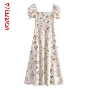 夏季 连衣裙 欧美风VEN&TELLA 复古柠檬印花方领短袖 法式