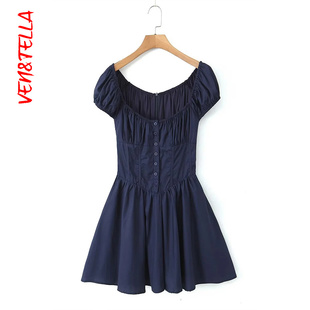 VEN&TELLA秋冬欧美风 束腰连衣裙 复古纯欲风方领泡泡袖 修身