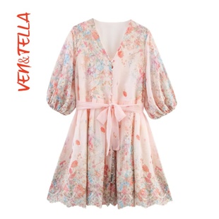 休闲气质简约V领五分袖 VEN&TELLA秋冬欧美风 刺绣收腰连衣裙