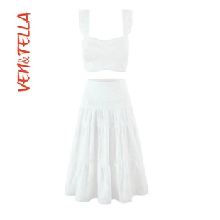 VEN&TELLA秋冬欧美 刺绣背心镂空拼接半身裙套装 复古气质修身 短款