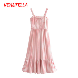 VEN&TELLA夏季 复古格纹田园风系带蝴蝶结背带大裙摆连衣裙 欧美风