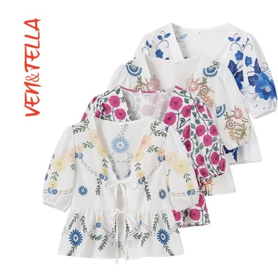 V领印花蝴蝶结系带显瘦衬衫~VEN&TELLA秋冬欧美风