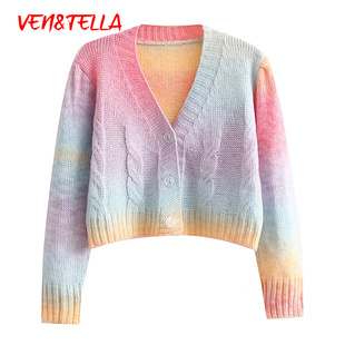 毛衣外套 上衣彩虹拼色软妹短款 VEN&TELLA春夏欧美风 针织开衫