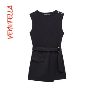 8741041 连体裤 VEN&TELLA秋冬欧美风 配腰带拼接圆领无袖 简约修身