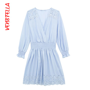 9878106 106 VEN&TELLA秋冬欧美风 9878 复古V领镂空刺绣连衣裙