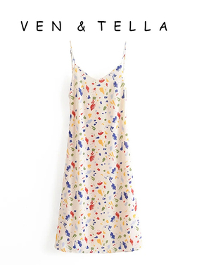 VEN&TELLA澳洲小众设计~彩色斑点印花露背系带蝴蝶结吊带连衣裙