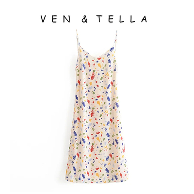 VEN&TELLA澳洲小众设计~彩色斑点印花露背系带蝴蝶结吊带连衣裙