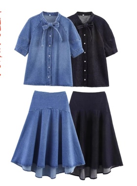 蝴蝶结饰牛仔衬衫迷笛裙5216279 9863240~VEN&TELLA秋冬欧美风