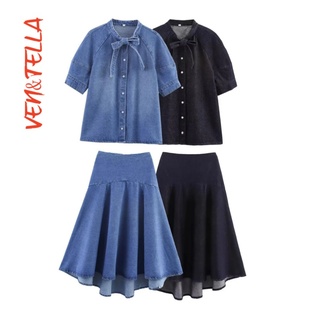 VEN&TELLA秋冬欧美风 9863240 蝴蝶结饰牛仔衬衫 迷笛裙5216279