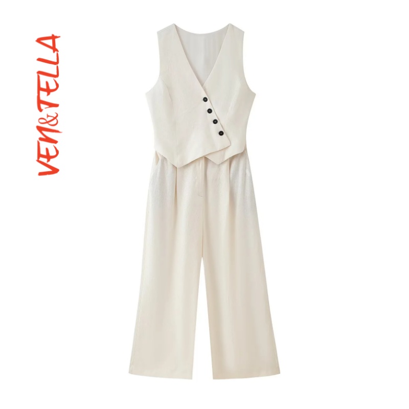 V领无袖亚麻混纺背心式连体裤