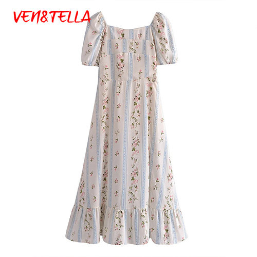 VEN&TELLA秋冬~法式竖条小碎花印花方领泡泡袖下摆性感开叉连衣裙